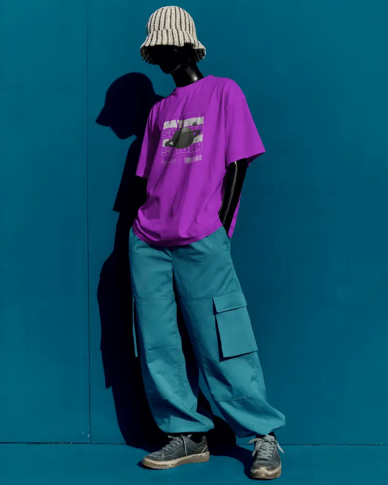 Urban Streetwear T Shirt Mockup Mannequin With Bucket Hat Blue Cargo Pants Against Bold Wall
