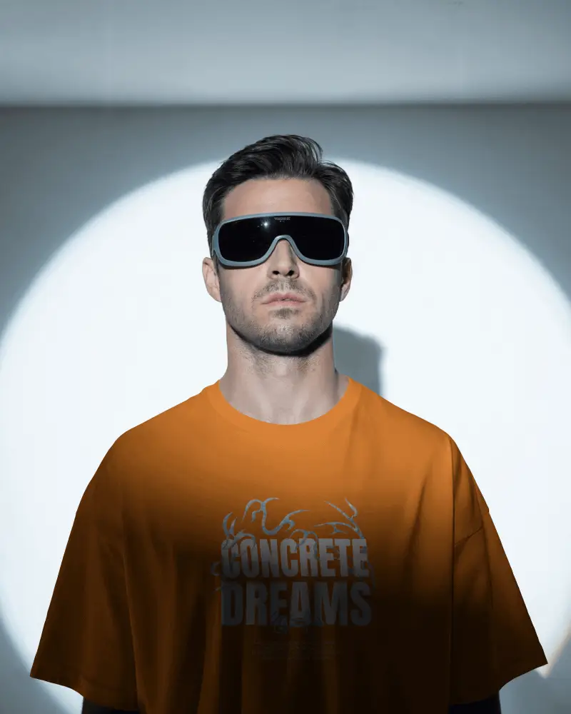 Futuristic Style T Shirt Mockup Male Model In Dark Sunglasses Under Spotlight High Fashion