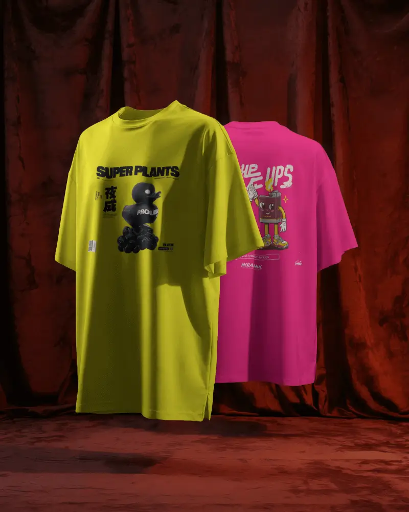 Dual Display T Shirt Mockup Front And Back Views On Floating Stand Against Rich Red Curtains