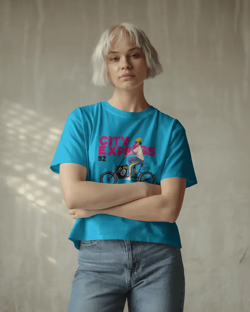Casual Lifestyle T Shirt Mockup Female Model With Crossed Arms In Soft Natural Light Studio