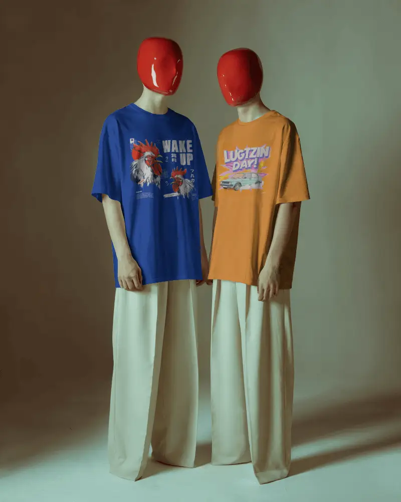 Dual Models Tshirt Mockup Red Glossy Masks Stylized Studio Fashion Minimal Creative Scene