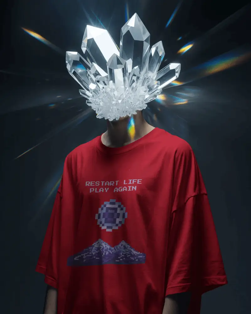 Crystal Head Tshirt Mockup Surreal Fashion Portrait With Glowing Prism Effect Futuristic Look