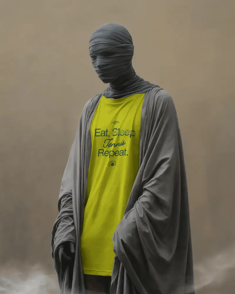 Wrapped Figure Tshirt Mockup Mystical Mummy Style Robes In Dramatic Neutral Backdrop