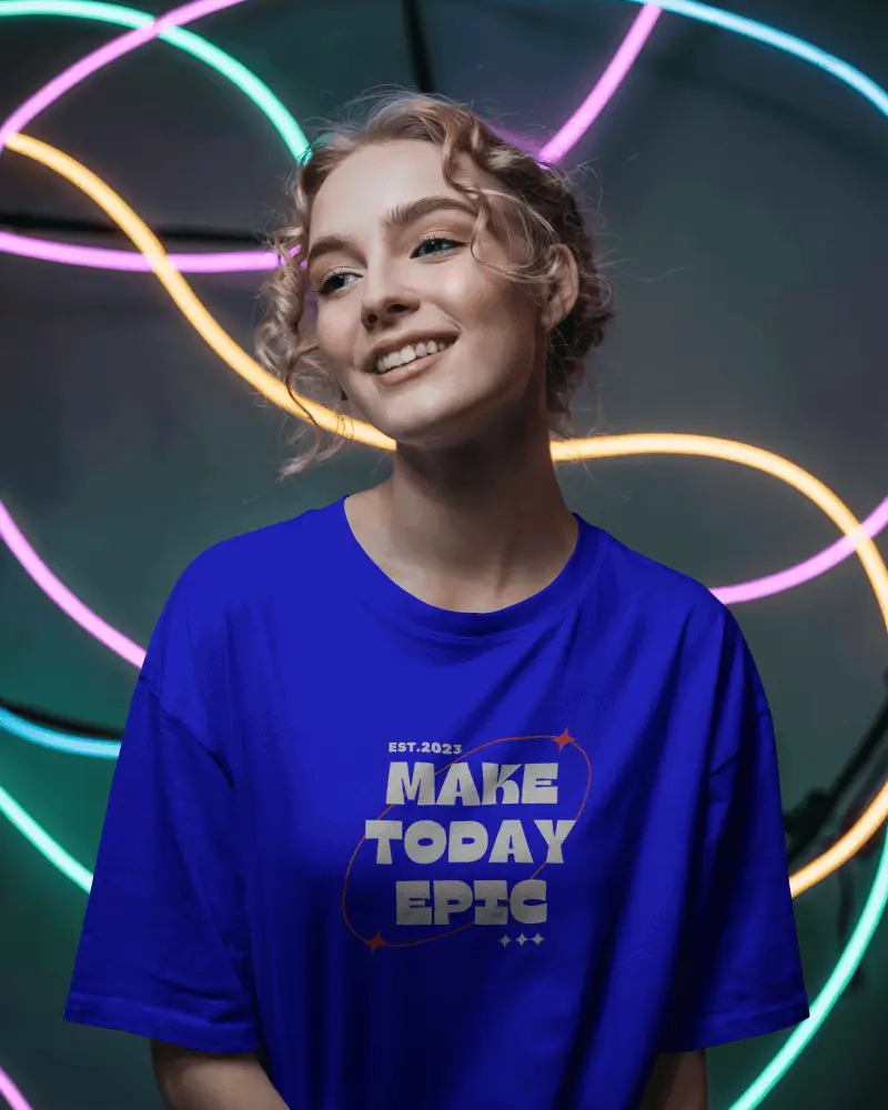 Neon Lights Tshirt Mockup Female Model Smiling In Studio With Colorful Modern Light Rings