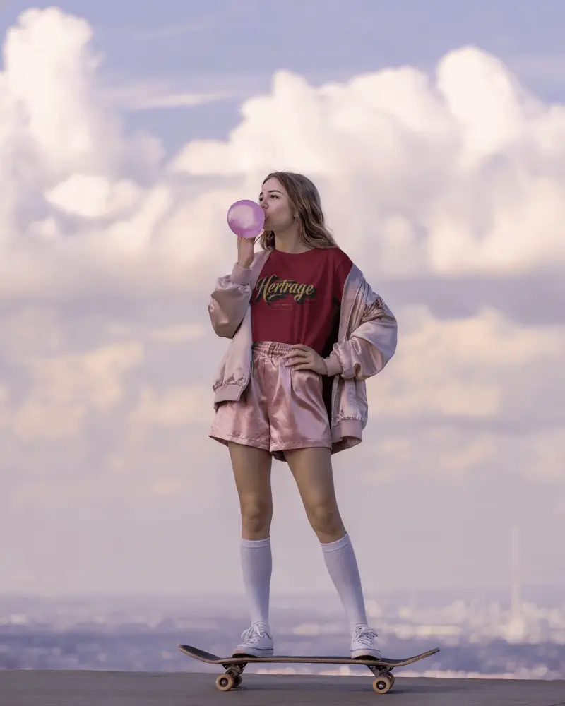 Urban Skater Tshirt Mockup Female Model In Pink Outfit Chewing Gum On Skateboard Outdoors