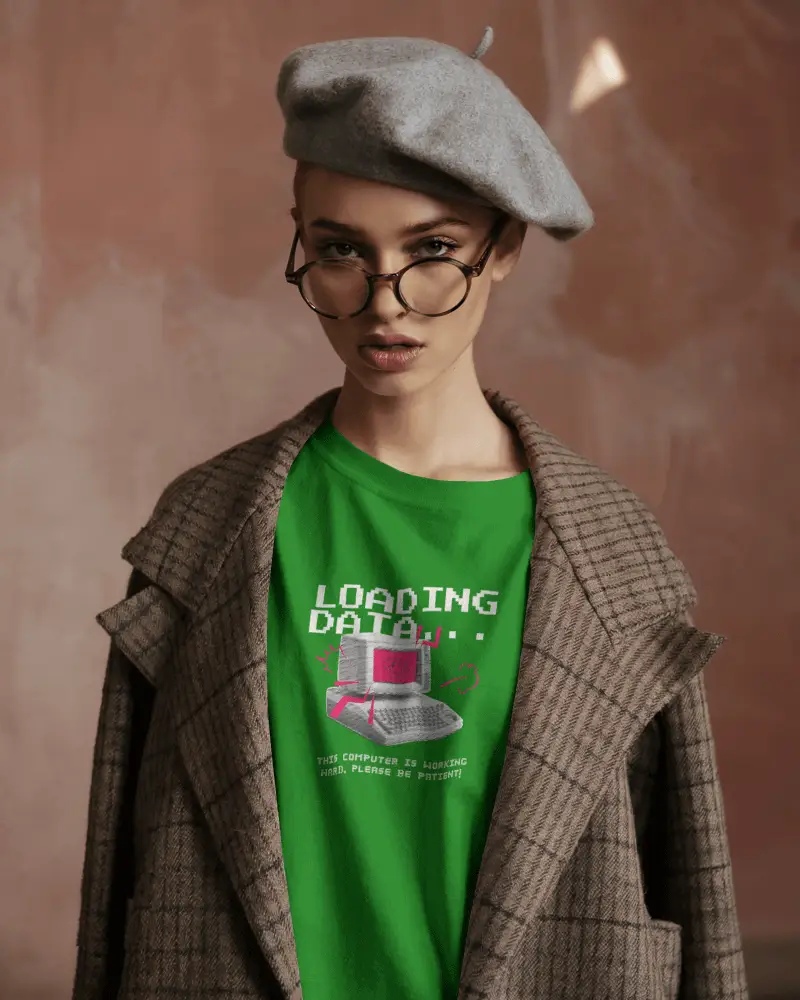 Parisian Style Tshirt Mockup Female Model In Coat And Beret Against Warm Brown Studio Wall