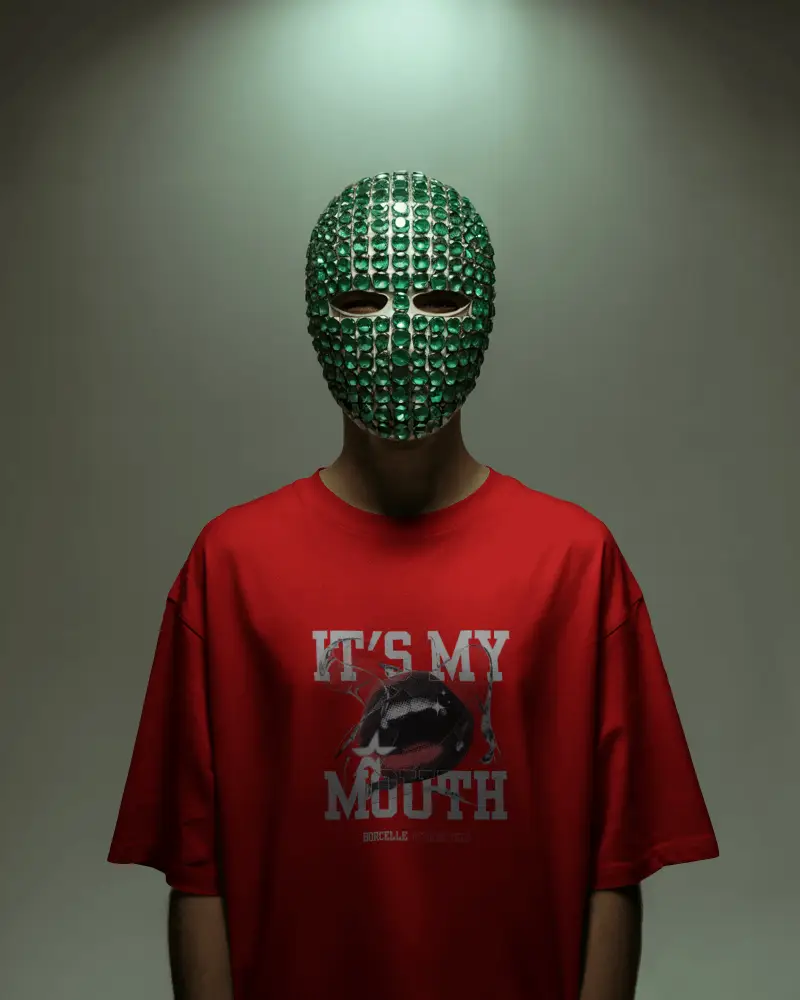 Gemstone Mask Front View Tshirt Mockup Male Model In Dark Studio Mysterious Edgy Aesthetic