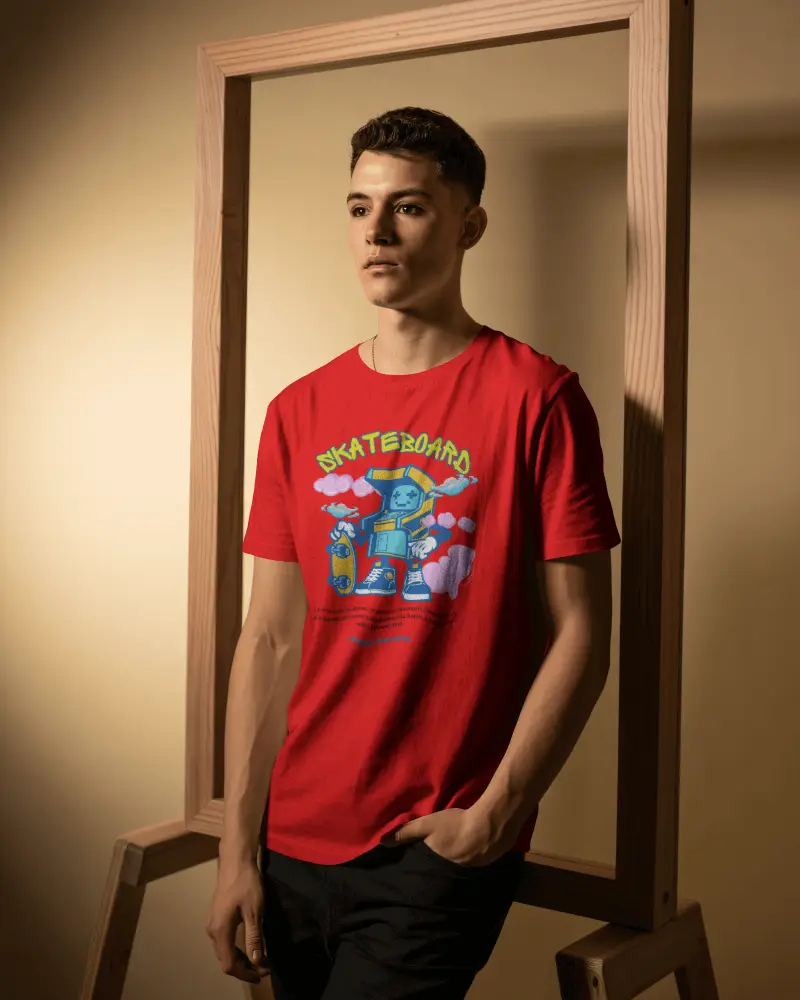 Wooden Frame Studio Tshirt Mockup Male Model Posing Confident Look Warm Lighting Modern Style