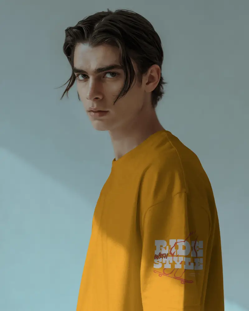 Side View Tshirt Mockup Male Model With Wet Hair Moody Lighting Studio Portrait Fashion Look