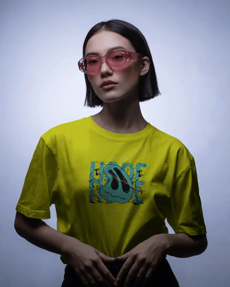 Futuristic Style Tshirt Mockup Female Model Wearing Pink Sunglasses Edgy Editorial Studio Shot
