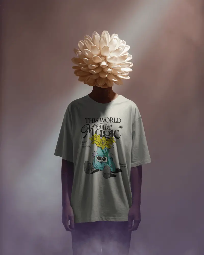 Surreal Flower Head Tshirt Mockup Male Model Creative Conceptual Studio Shot Dreamlike Vibe