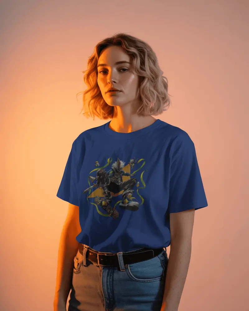 Warm Orange Lighting Tshirt Mockup Female Model Blonde Hair Studio Portrait Trendy Lifestyle