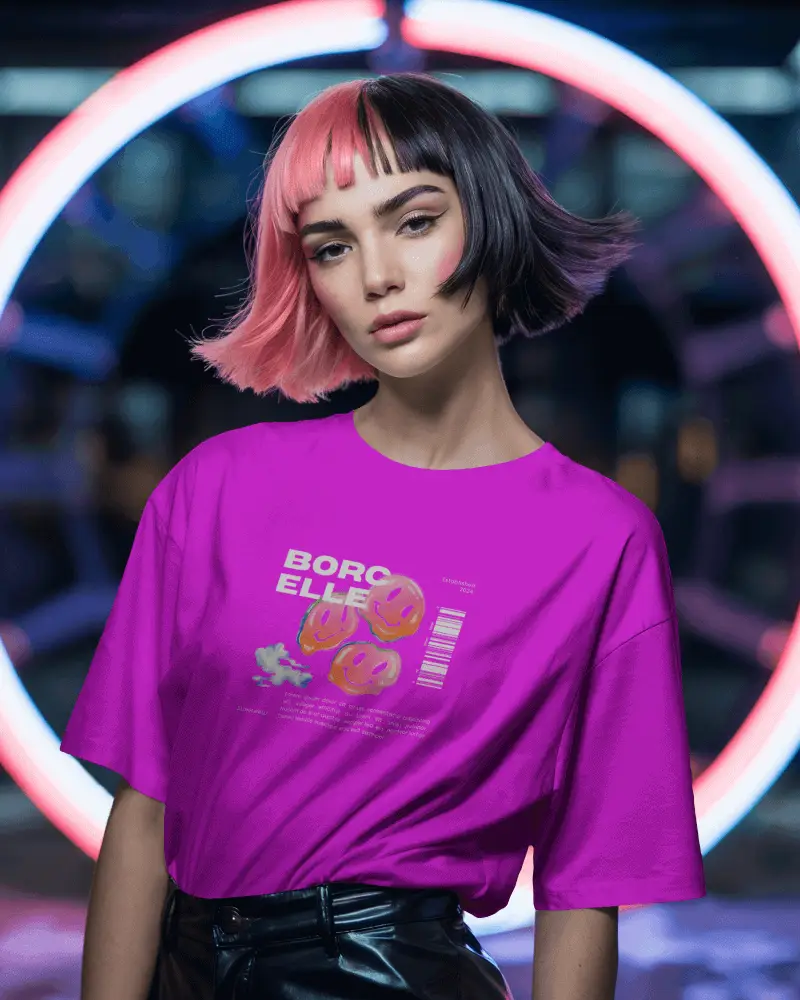Neon Circle Tshirt Mockup Fashion Model With Dual Tone Hair In Futuristic Studio Light