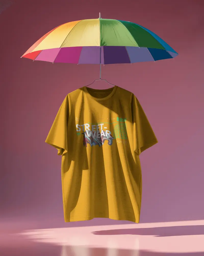 Floating Tshirt Mockup Hanging Under Rainbow Umbrella Against Pink Background Playful