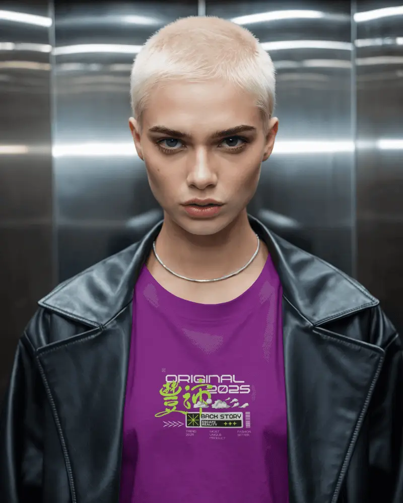 Edgy Fashion Tshirt Mockup Female Model In Leather Jacket Inside Metallic Elevator Light
