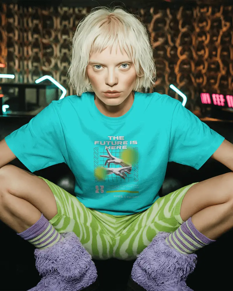 Bold Streetwear Tshirt Mockup Female Model In Green Shorts And Purple Fluffy Boots