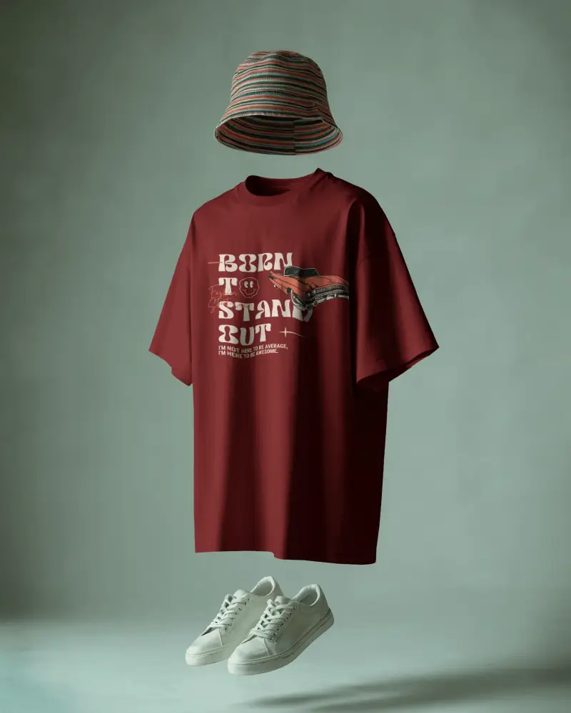 Floating Outfit Tshirt Mockup With Striped Bucket Hat And White Sneakers Surreal Scene