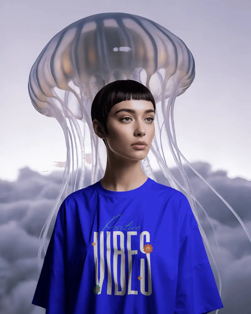 Artistic Tshirt Mockup Female Model With Giant Jellyfish Backdrop In Dreamy Cloudscape
