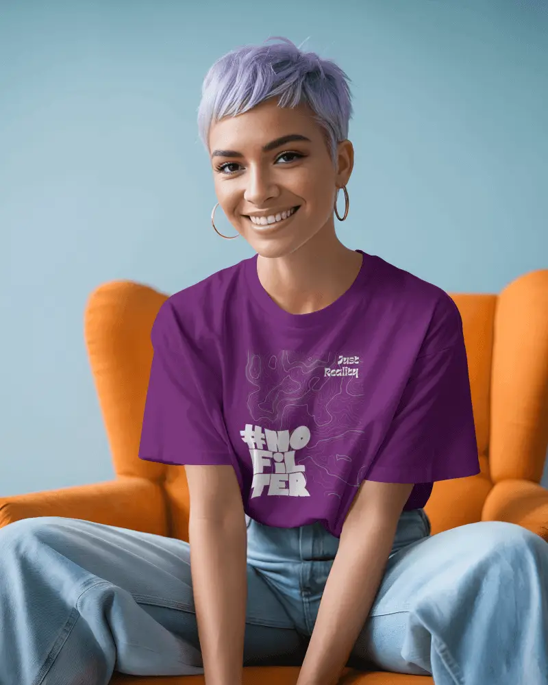 Lifestyle Tshirt Mockup Smiling Female Model In Orange Chair With Casual Modern Vibes