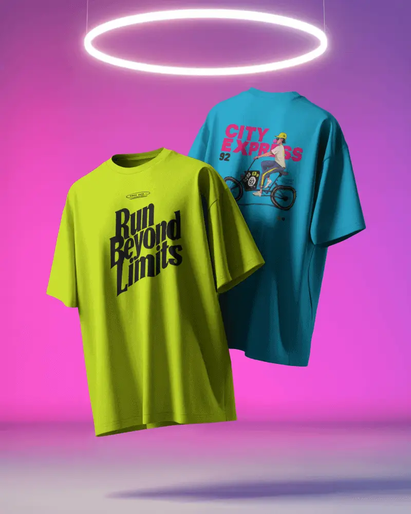 Floating Dual Tshirt Mockup Front And Back Display Under Neon Ring Light
