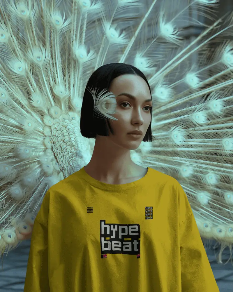 Creative Fashion Tshirt Mockup Female Model With Peacock Feathers Surreal Style