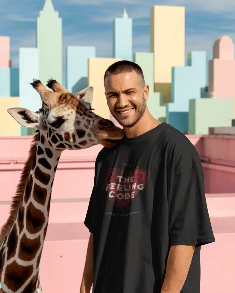 Lifestyle Tshirt Mockup Male Model With Giraffe In Colorful Cityscape Playful Setting