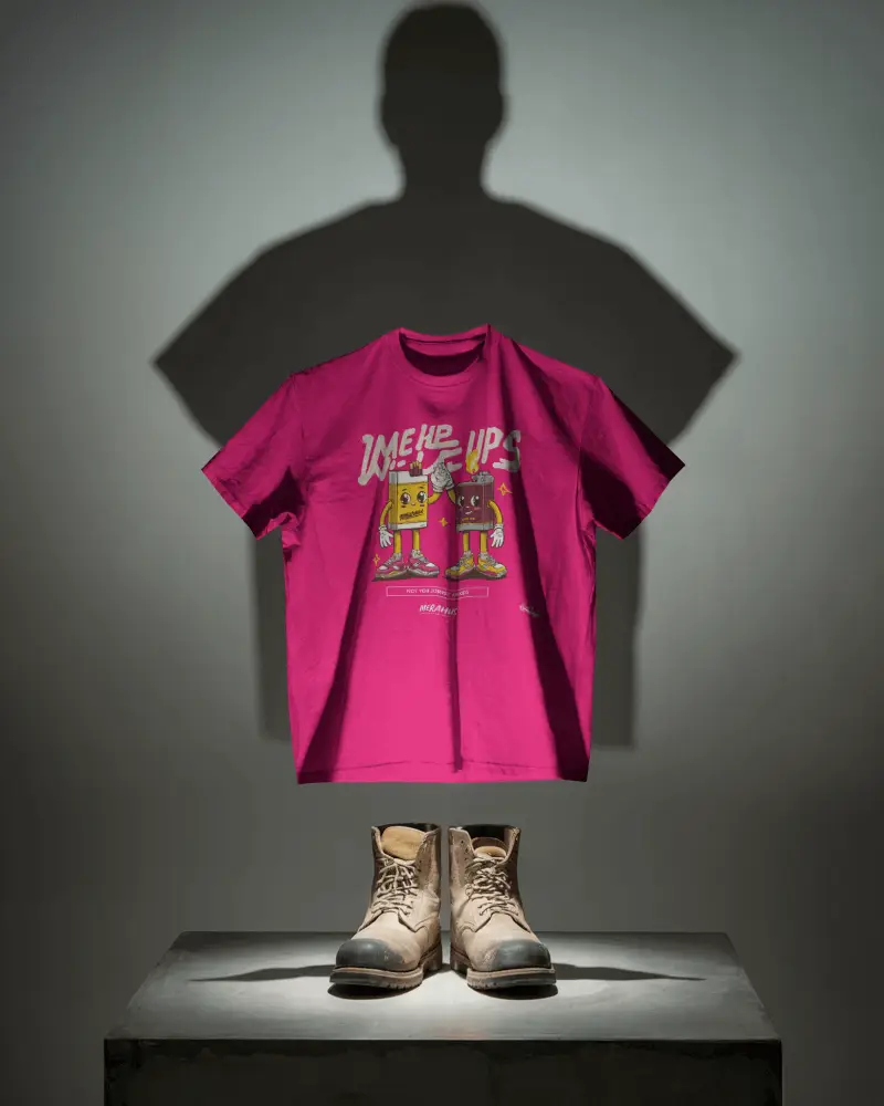 Floating Tshirt Mockup With Work Boots And Human Shadow Minimal Studio Display