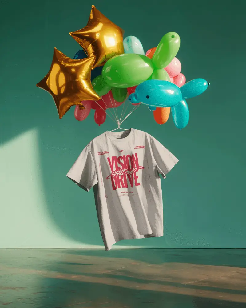 Creative Floating Tshirt Mockup With Colorful Balloons In Modern Studio Lighting