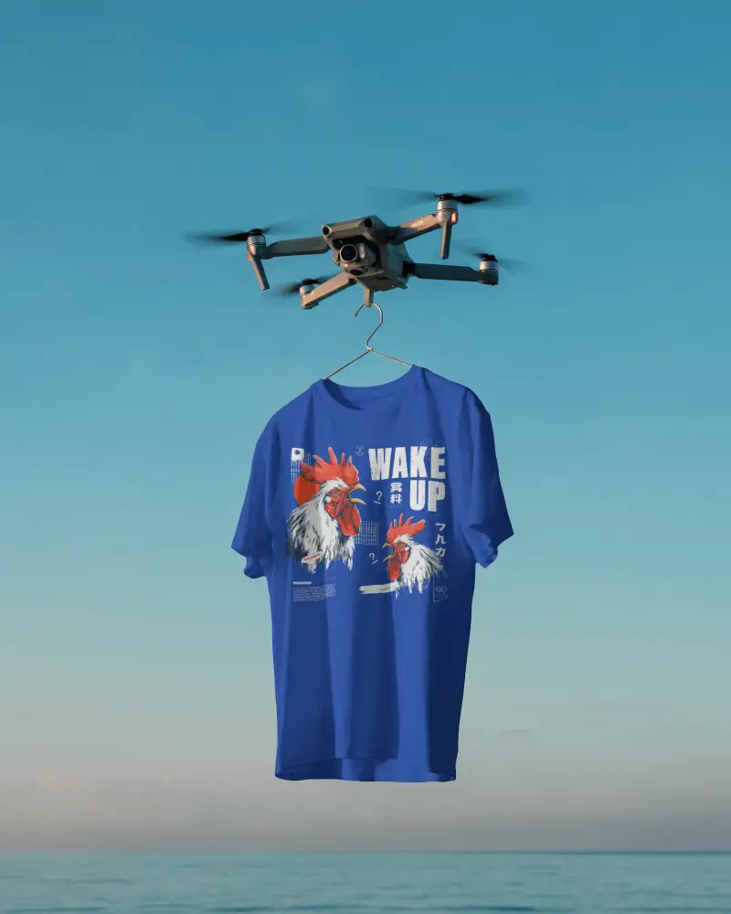 Drone Hanging Tshirt Mockup Over Ocean Background In Clear Blue Sky Minimal Style