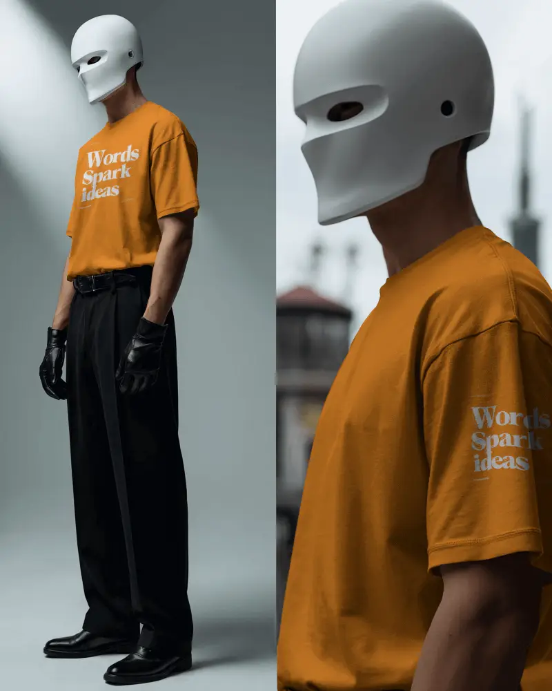 Fashion Tshirt Mockup Male Model In Mask And Gloves Edgy Dark Studio Streetwear
