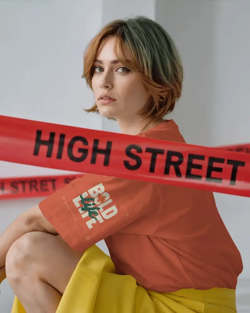 Plain Basic Womens Tshirt Mockup Sitting Pose Fashionable Look Urban Style Modern Apparel