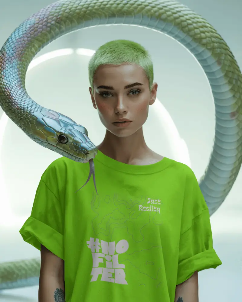 Futuristic Tshirt Mockup Female Model With Snake Wrapped Around Shoulders In Studio Scene