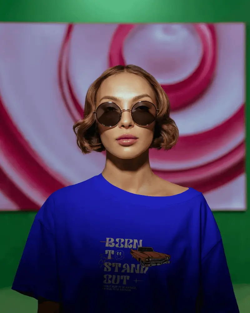 Artistic Gallery Tshirt Mockup Female Model Wearing Tee In Front Of Colorful Modern Artwork