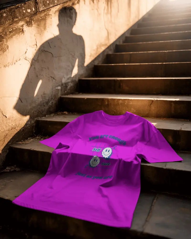 Dramatic Staircase Tshirt Mockup Tee Placed On Old Stone Steps With Human Shadow In Sunset