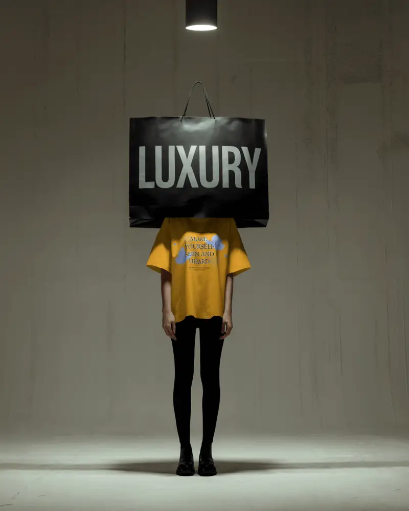 Luxury Fashion Tshirt Mockup Concept With Model Under Spotlight And Giant Shopping Bag