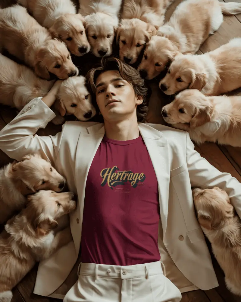 Luxury Puppy Themed Tshirt Mockup Male Model Lying On Wooden Floor Surrounded By Dogs