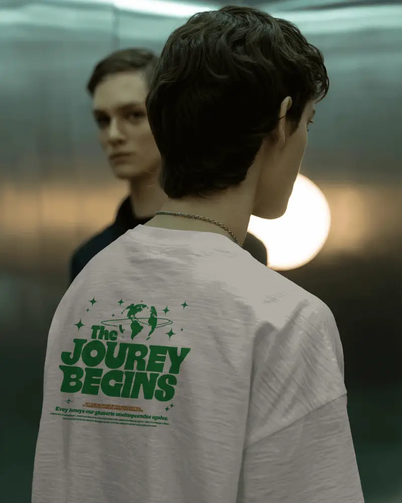 Cinematic Dual Portrait Tshirt Mockup Two Men In Soft Light With Reflective Background