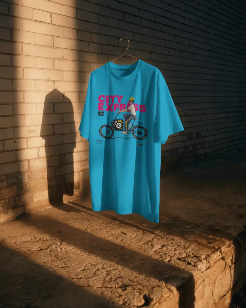 Rustic Sunset Tshirt Mockup Hanging On Brick Wall With Golden Hour Light And Long Shadow