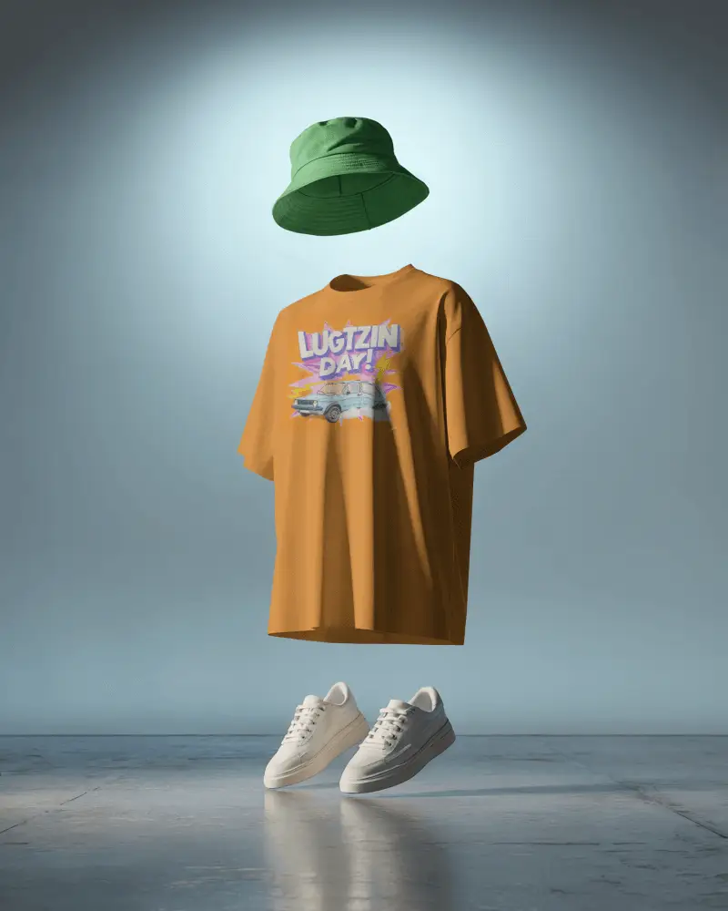 Floating Outfit Tshirt Mockup With Bucket Hat And Sneakers In Modern Studio Light Setup