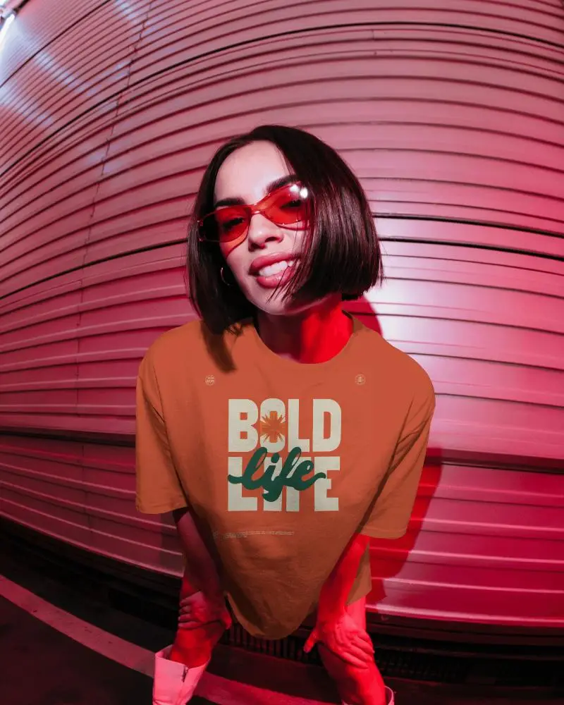 Neon Street T Shirt Mockup Female Model In Red Light Urban Night Fashion Vibe