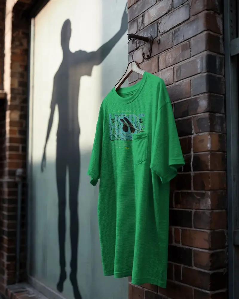 Casual Pocket Tshirt Mockup Hanging On Wooden Hanger Outdoor Brick Wall Background Mockup