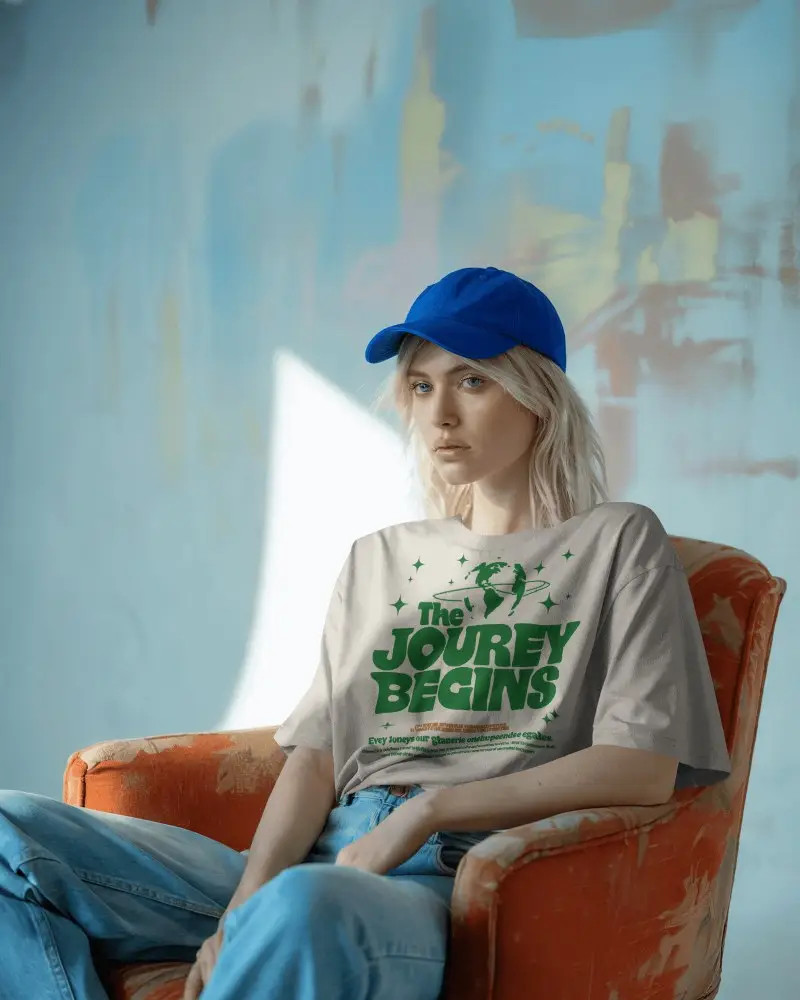 Minimalist Studio Tshirt Mockup Female Model In Blue Cap Sitting On Orange Chair