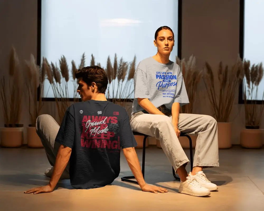 Minimalist Duo Tshirt Mockup Male And Female Models In Warm Studio Interior Setting