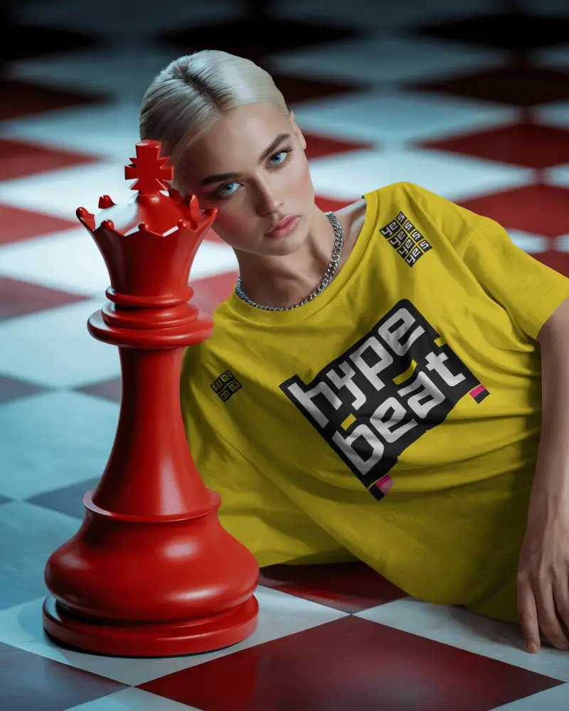 Bold Editorial Tshirt Mockup Woman On Checkered Floor With Oversized Chess Piece