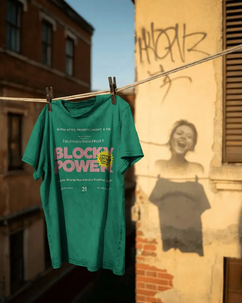 Urban Street Style Blank T Shirt Mockup Hanging On Clothesline In City Backdrop