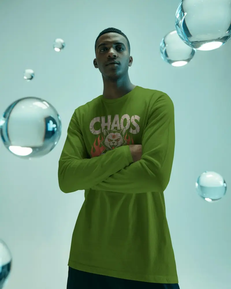 Futuristic Longsleeve Tshirt Mockup Male Model Surrounded By Floating Glass Spheres