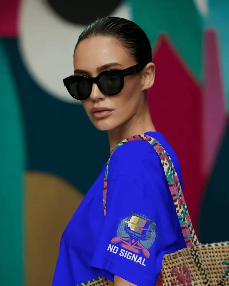Street Style Tshirt Mockup Female Model With Sunglasses And Woven Bag Colorful Background