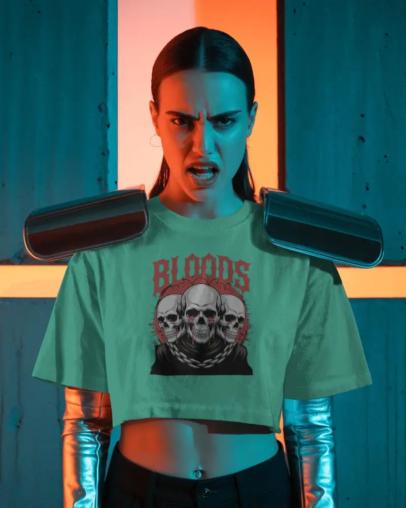 Futuristic Cropped Tshirt Mockup Female Model With Metallic Sleeves And Bold Expression