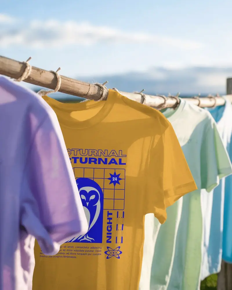 Outdoor Bamboo Clothesline T Shirt Mockup In Sunlight With Pastel Apparel Fresh Air Vibe