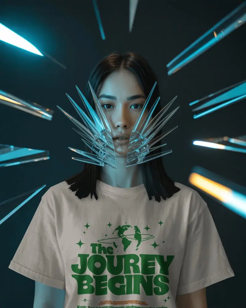 Futuristic Portrait Tshirt Mockup With Glass Shards And Cyberpunk Lighting Dark Background